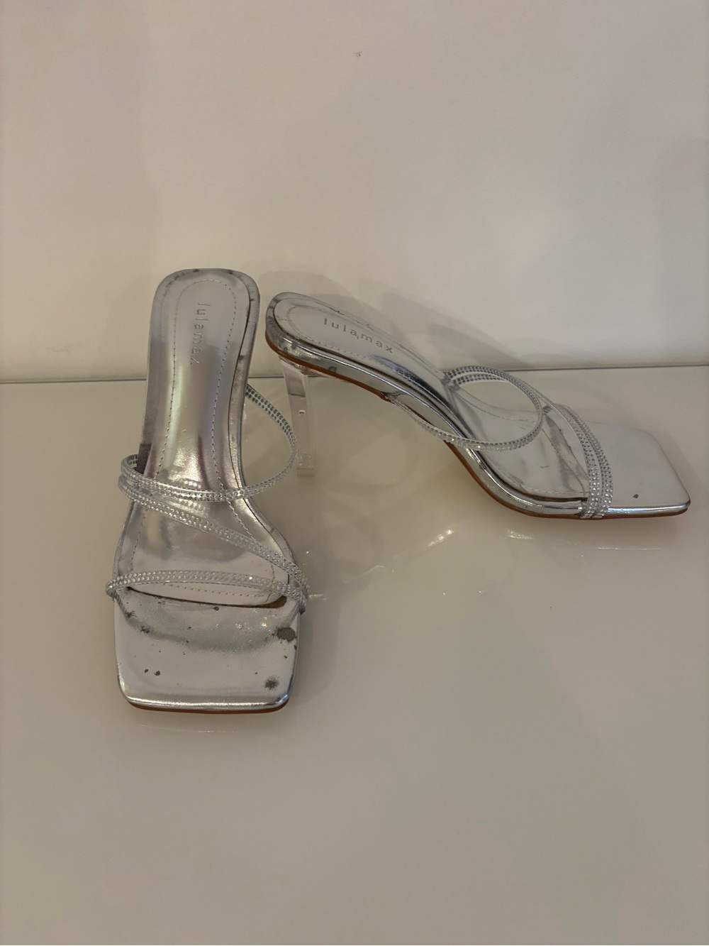 Lulamax Silver Rhinestone Clear Strappy Stiletto Mules - Picture 9 of 12